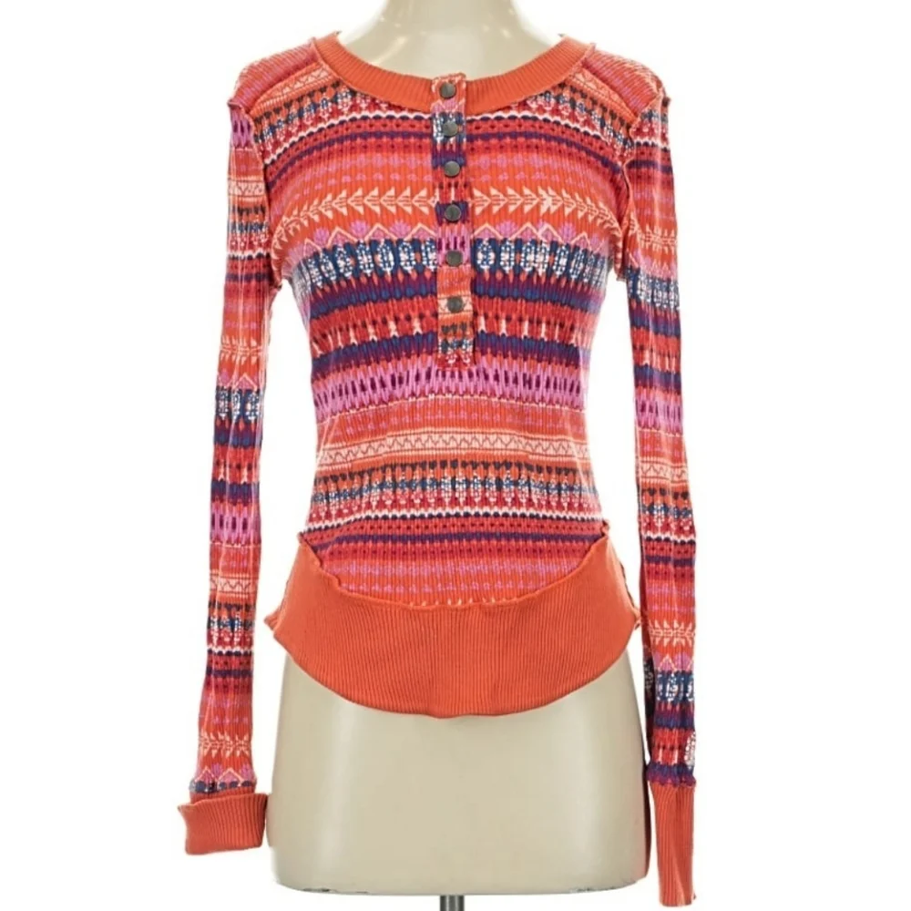 Free People FP Movement Rally Fired Up Combo Orange Multi Colored Henley Top